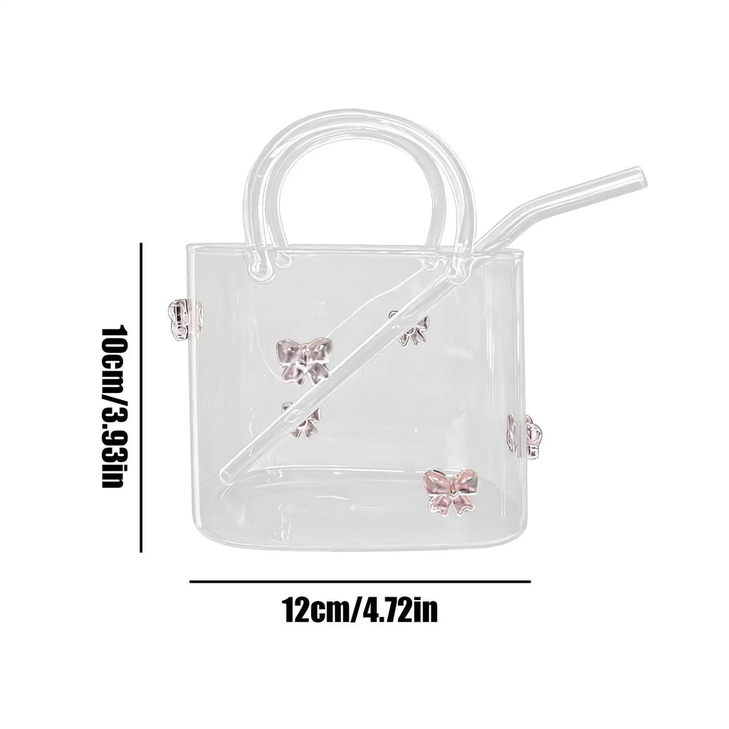 Glass Purse Drinks Wide Rim Clear Drinking Mug Straw Flower Vase