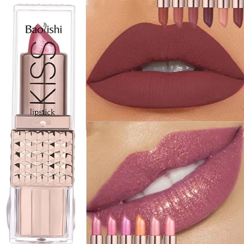 12 Colors Glitter Shiny Lipstick Waterproof Long Lasting Pearlescent