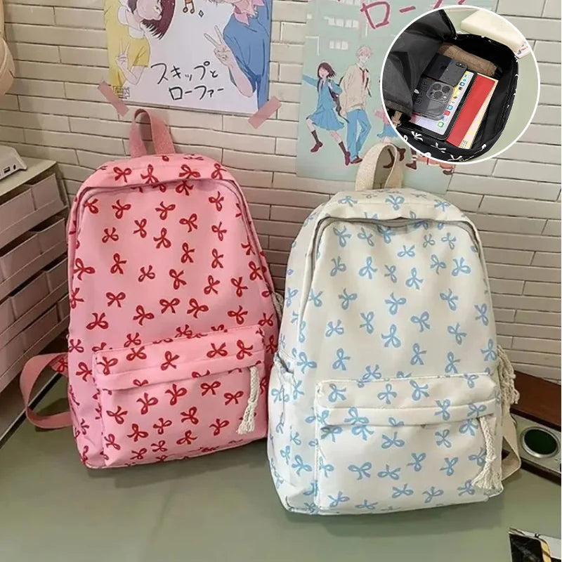 Trendy Cute Bow Print Backpack School Laptop Protection Adjustable