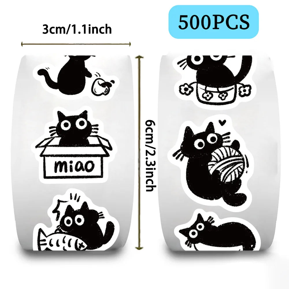 500PCS/Roll Cartoon Black Cat Graffiti Roll Stickers Pack Gift Sealing Stickers Decorative Luggage Notebook Waterproof Sticker Zpaxo