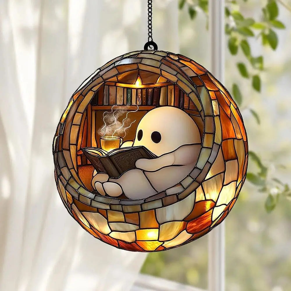 Ghost Reading Book Acrylic Suncatcher Window Ornament | Spooky Window Suncatcher Zpaxo