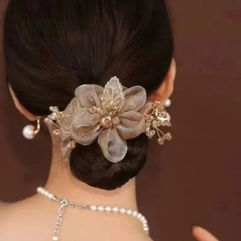 Rhinestone Flower Scrunchie – Elegant Ponytail Hair Tie Band