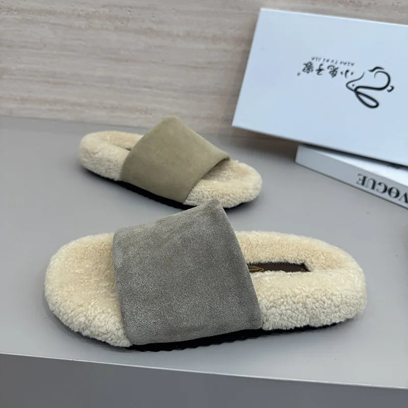 Flats Women Slippers Fur Casual Shoes Suede 2025 Winter Open Toe