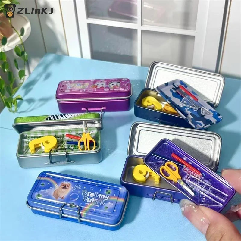 ▶Dollhouse Miniature Double Layer Iron Pencil Box Pen Ruler Measuring Tape Scissors Model Micro Landscape Decor Pretend Play Toy Zpaxo