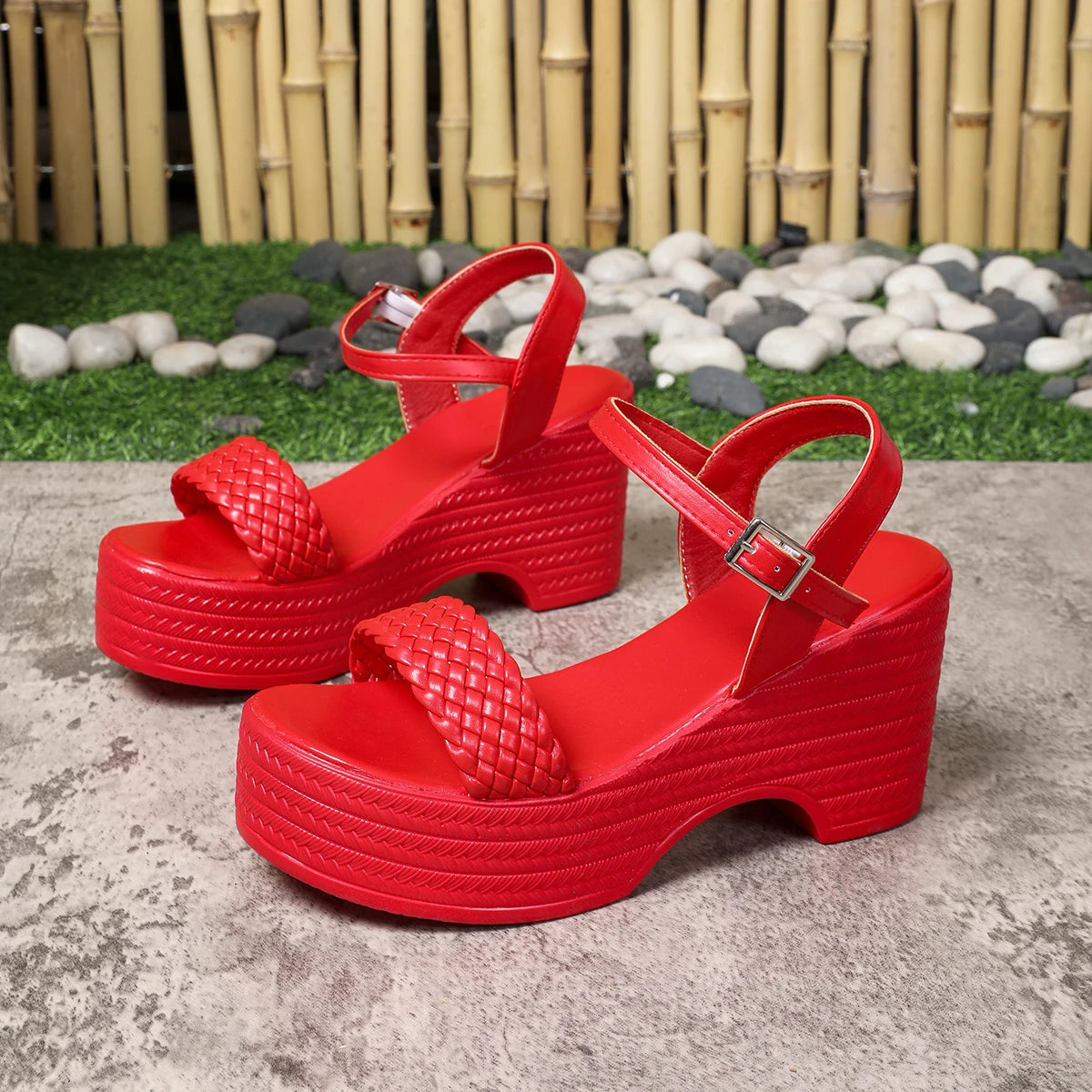 Red Ankle Strap Chunky Platform Sandals Women Fashion Woven Wedge Zpaxo Red 39