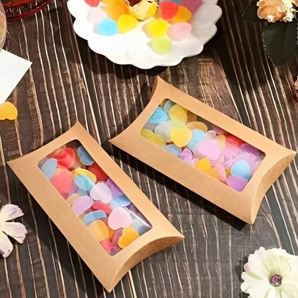 50Pcs Kraft Paper Pillow Box with Clear Window Party Favors Mini Pillow Packaging Box for Candy Chocolate Gift Jewelry Wedding Zpaxo