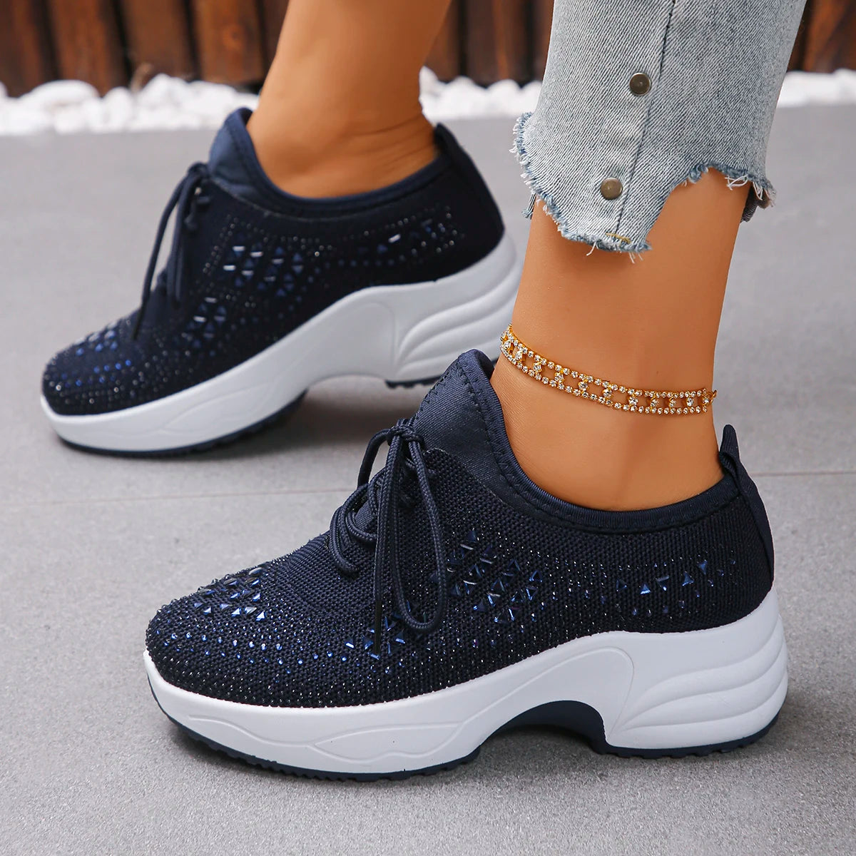 2026 Women Sneakers Shiny Rhinestone Wedge Shoes Breathable Non Slip Zpaxo