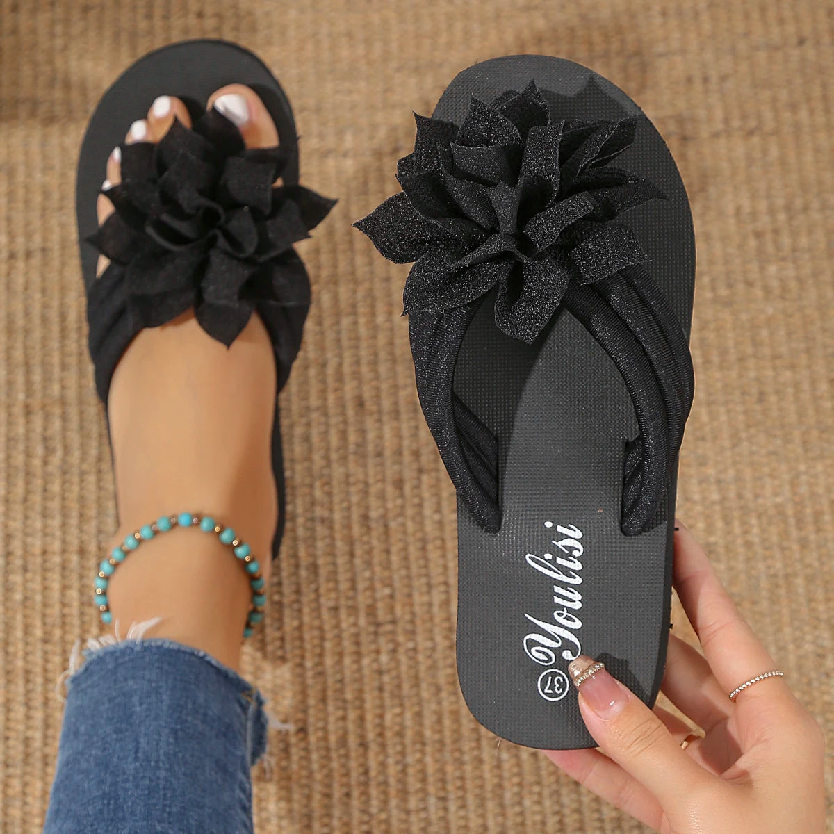 Women Slippers Lightweight Flat Sandals Fashion Flower Flip Flops Zpaxo black 37