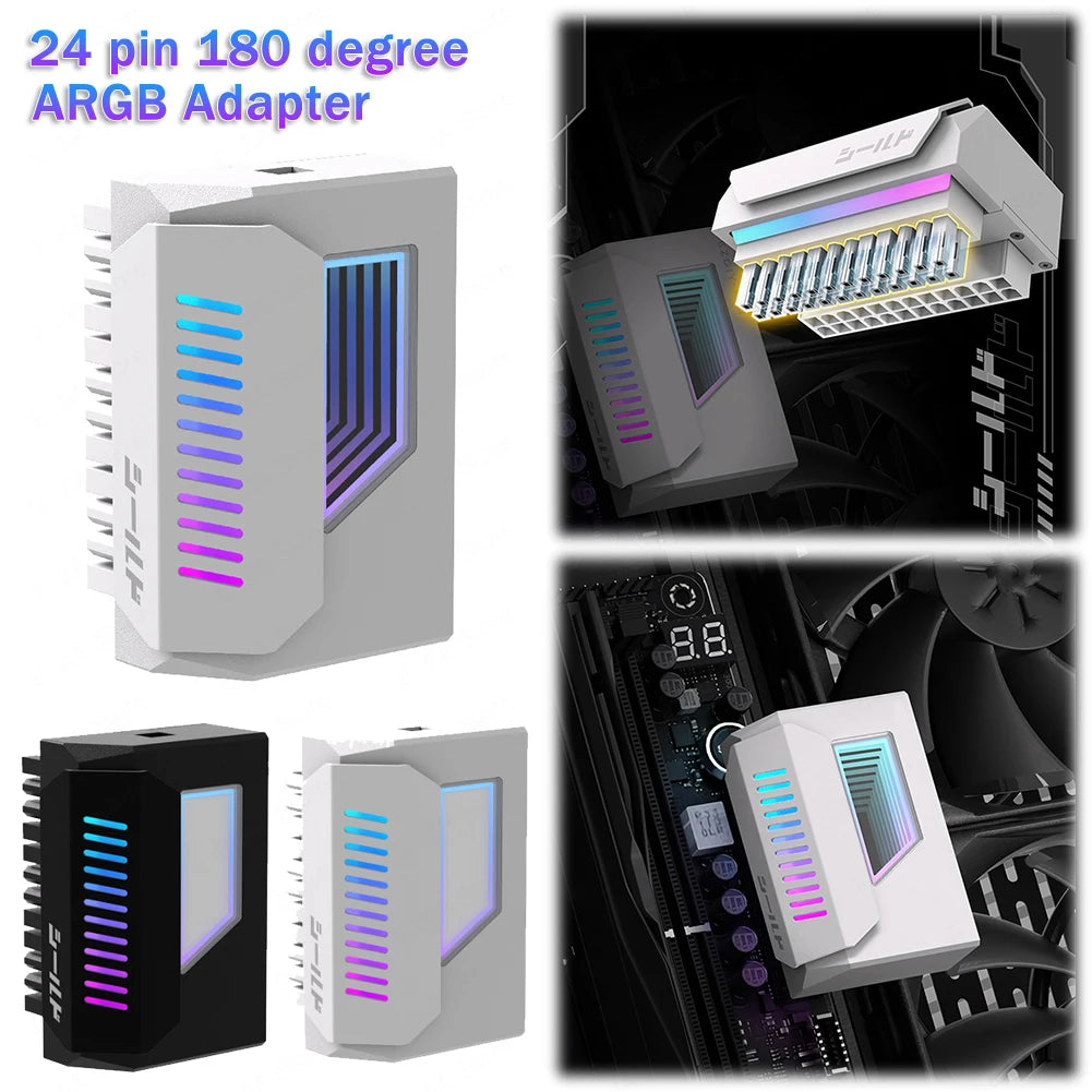 ATX 24 Pin To 180 Degree Power Plug Adapter with Infinity Mirror ARGB Light Mainboard Motherboard Power Supply Cable Modular Zpaxo