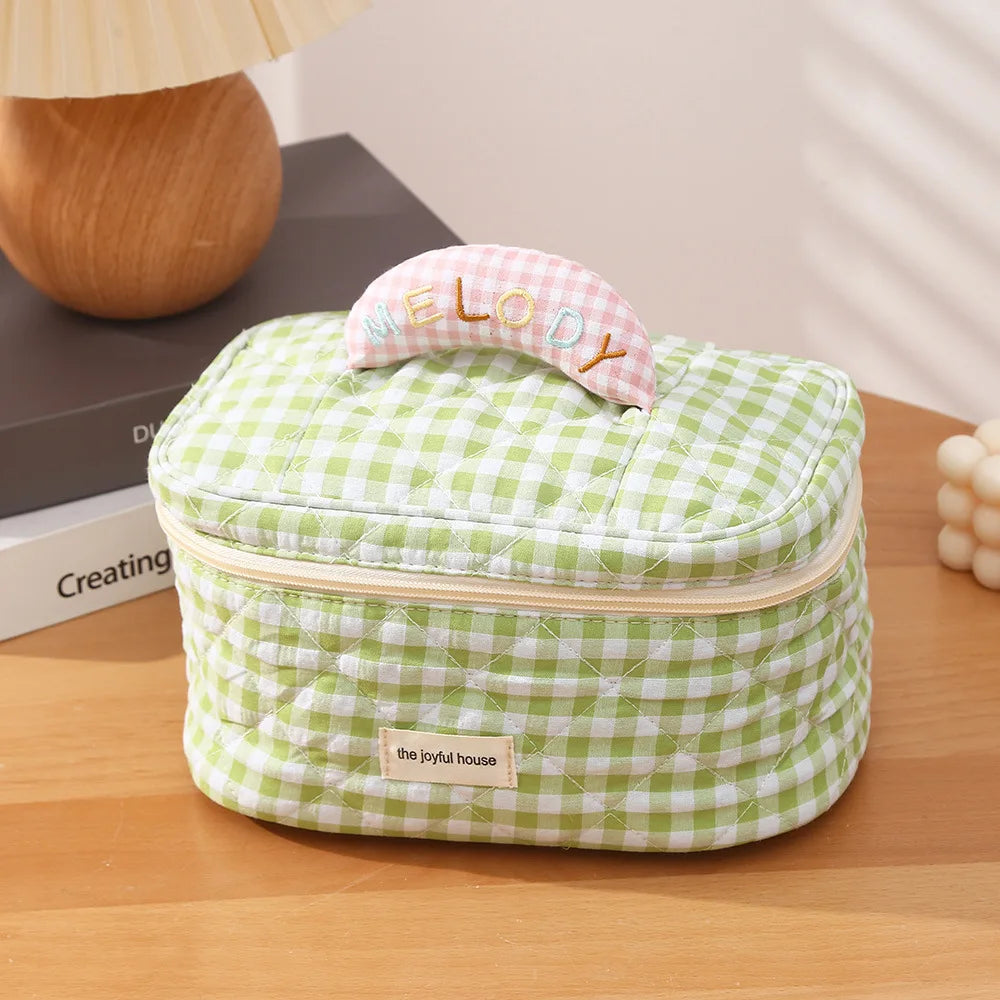 Korean Checkered Cotton Makeup Bag – Large Travel Cosmetic Pouch Travel Cosmetic Bag Zpaxo Green
