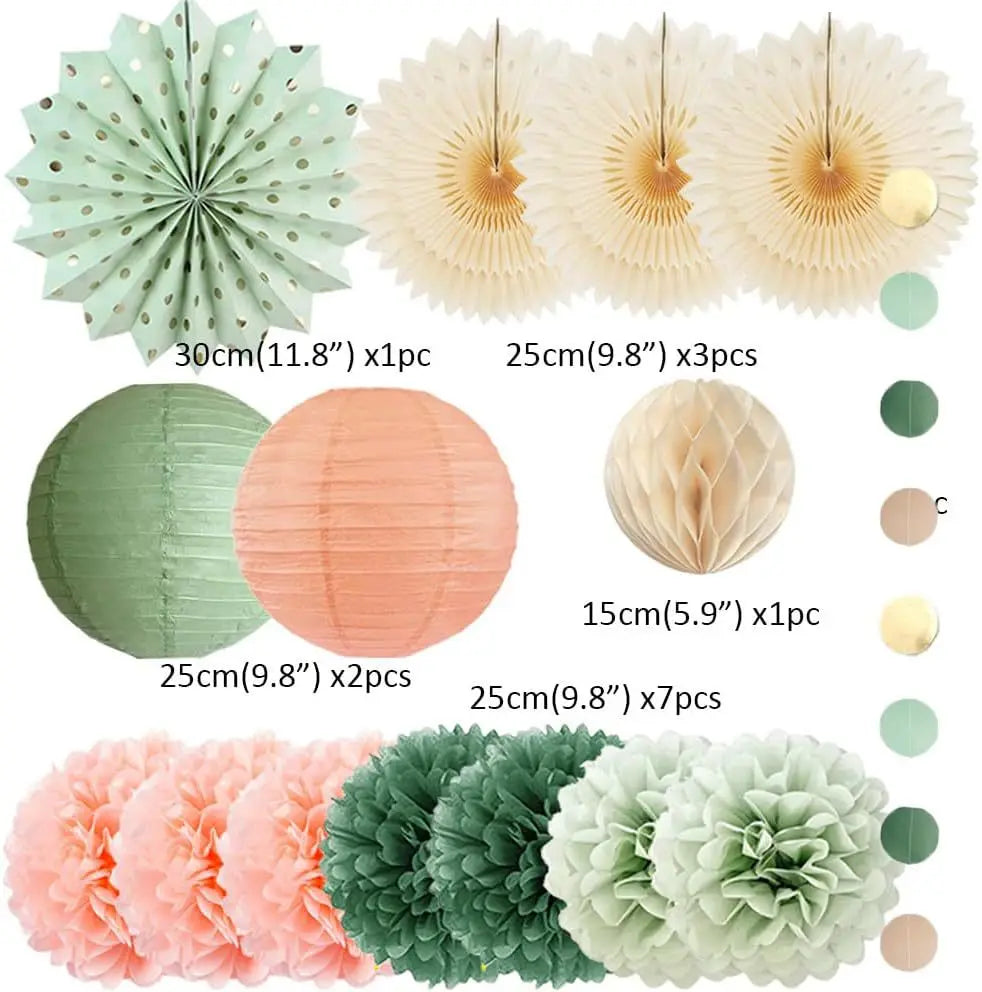 Sage Green Peach Pink Paper Lantern Tissue Pom Poms Party Hanging
