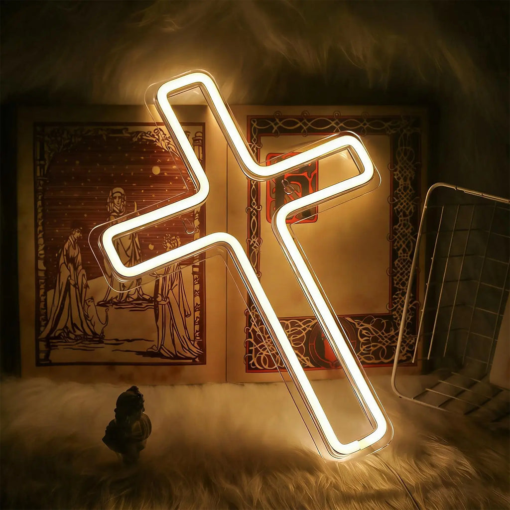 Neon Cross LED Light Wall Sign Dimmable Acrylic Crucifix Lamp Bedroom
