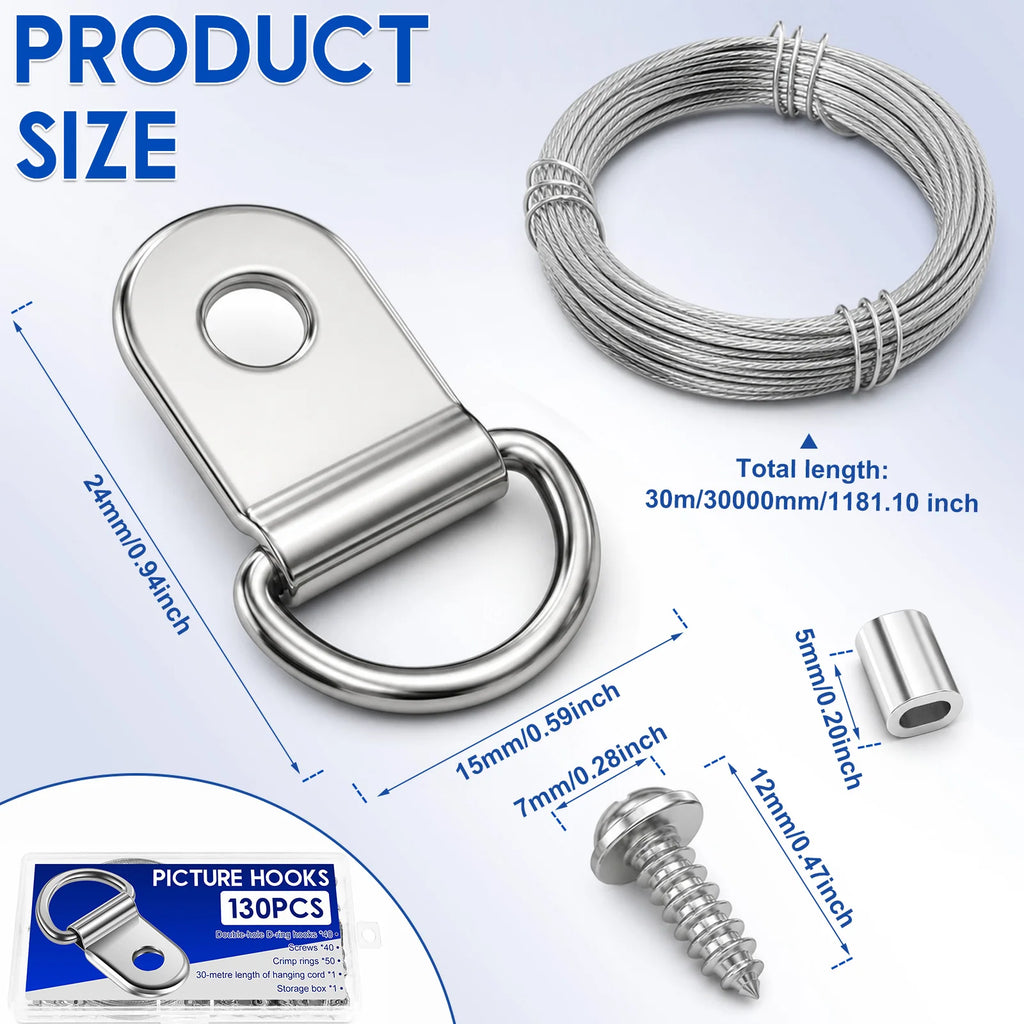Picture Hanging Wire Kit Heavy Duty 30M 98ft 7 Strand Metal Frame Hanger with D Ring Hooks Screws for Mirror Canvas Art Decor Zpaxo 131pcs