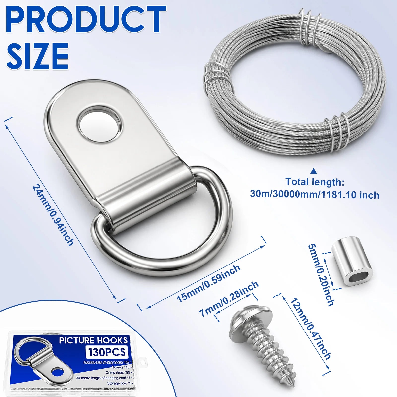 Picture Hanging Wire Kit Heavy Duty 30M 98ft 7 Strand Metal Frame Hanger with D Ring Hooks Screws for Mirror Canvas Art Decor Zpaxo 131pcs