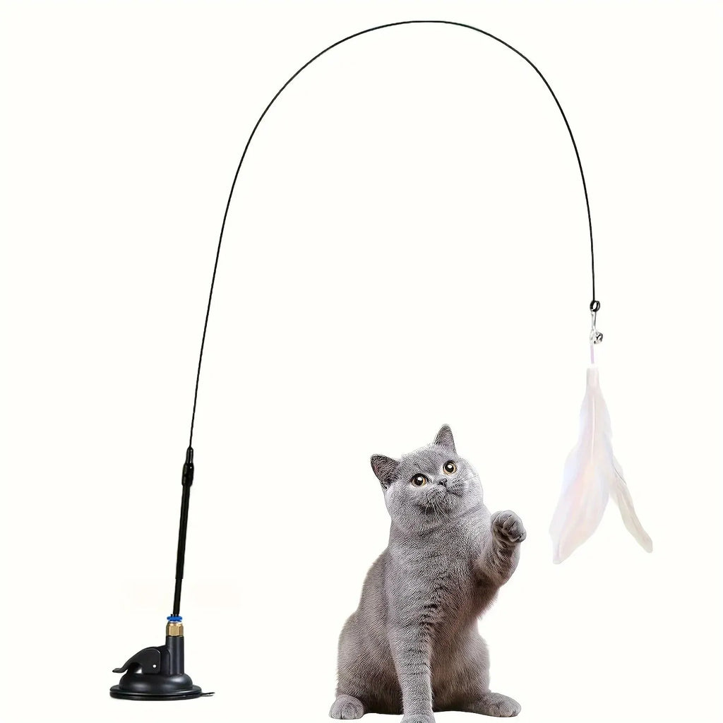 Interactive Cat Teaser Wand Bell Feather Long Suction Cup Pole Toy