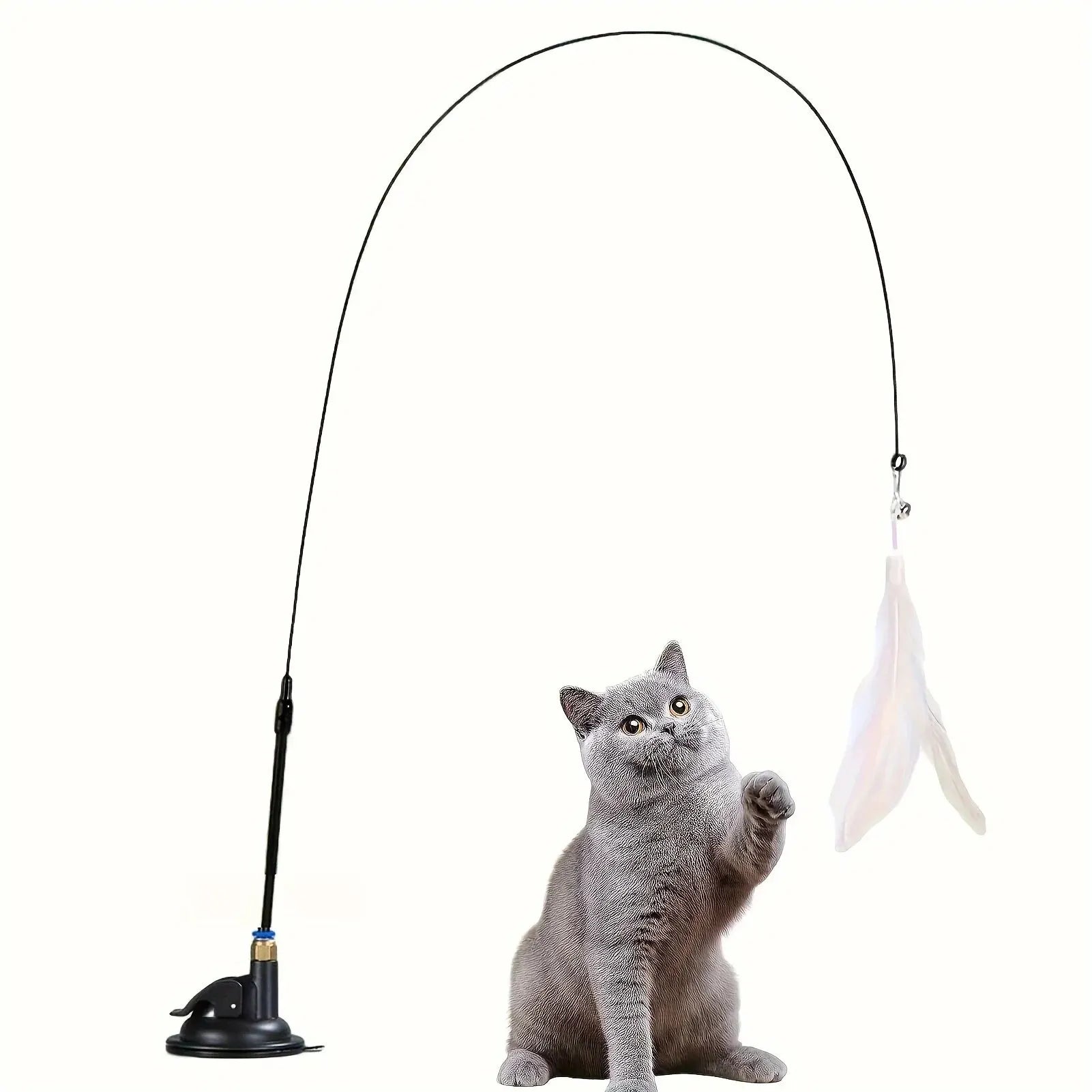 Interactive Cat Teaser Wand Bell Feather Long Suction Cup Pole Toy