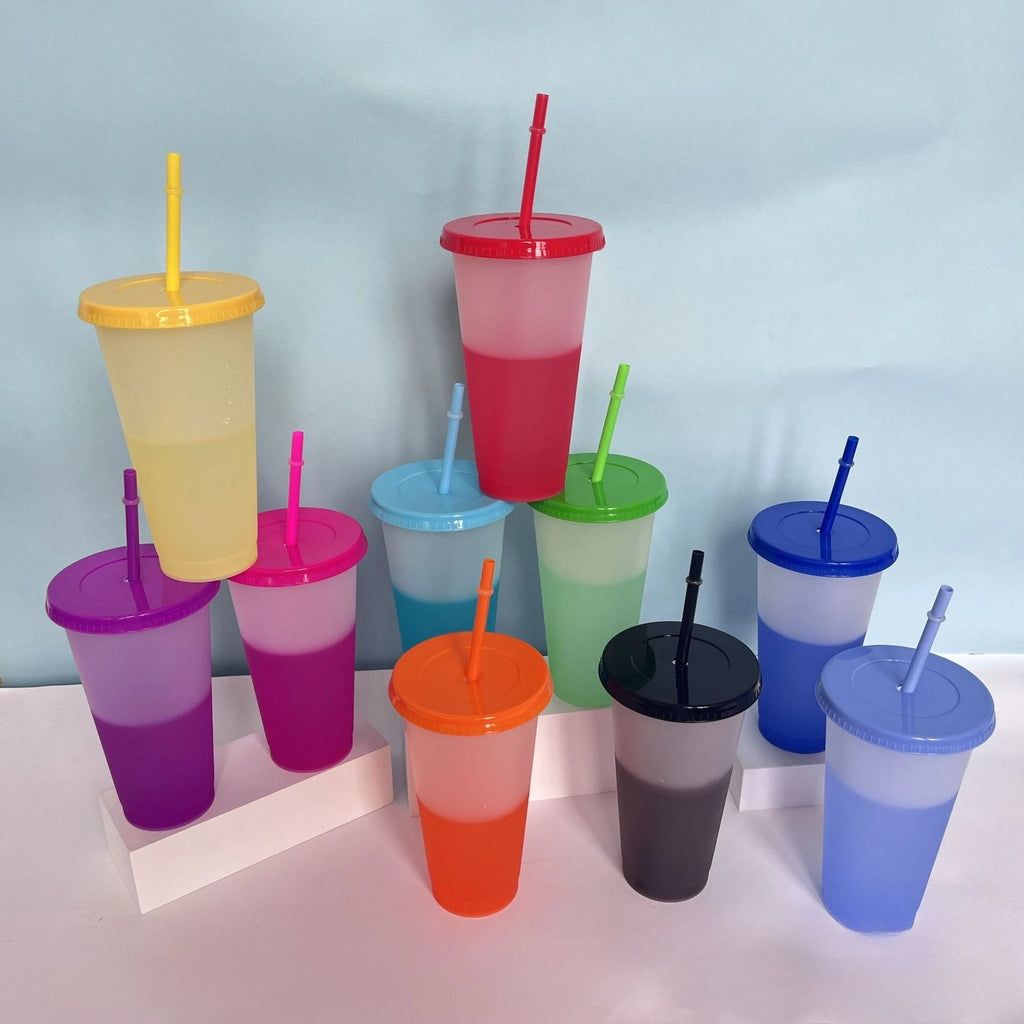 Hot 710ML PP Temperature Sensitive Color Changing Plastic Cup 24oz Large Capacity Water Cup Single-layer Transparent Straw Cup Zpaxo 10pcs sets