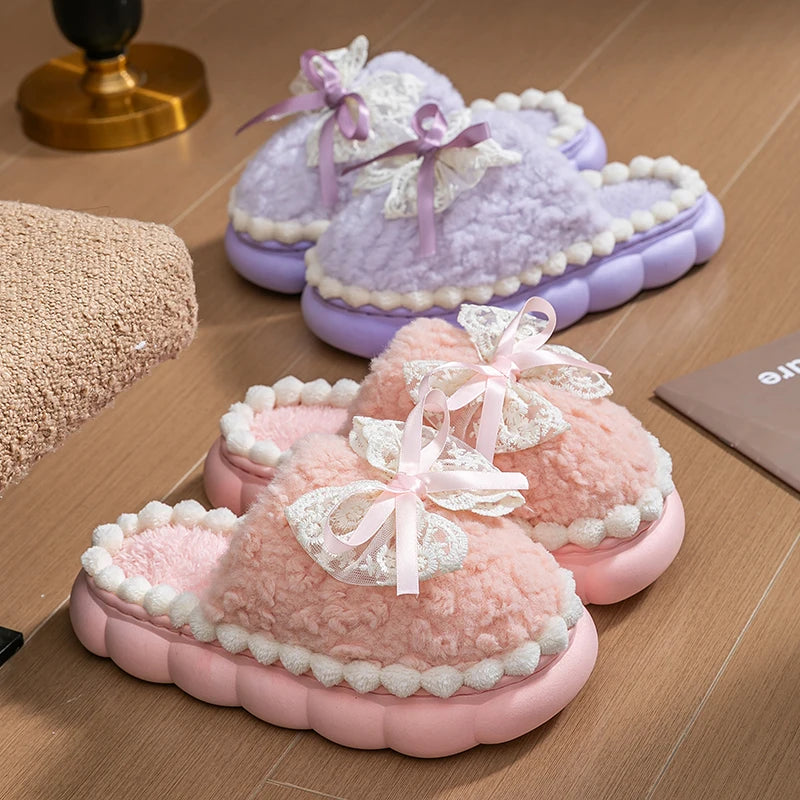 Winter Warm Fur Slippers Women Thick-soled Household Cute Bow Non