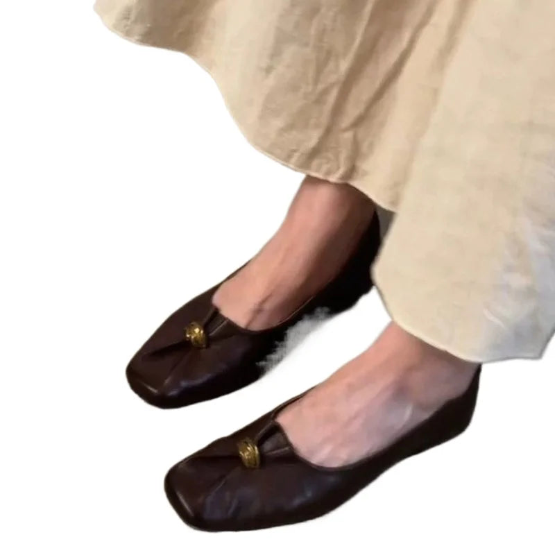 Fashion Women Female Square Toe PU Leather Loafers Shoes Woman Retro