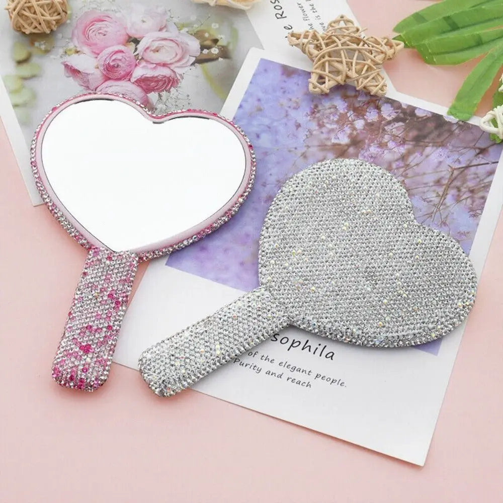 New Rhinestone Makeup Mirror with Handle Round Square Heart Shape Cosmetic Hand Mirror Portable Shiny Bling Handheld Mirror Zpaxo