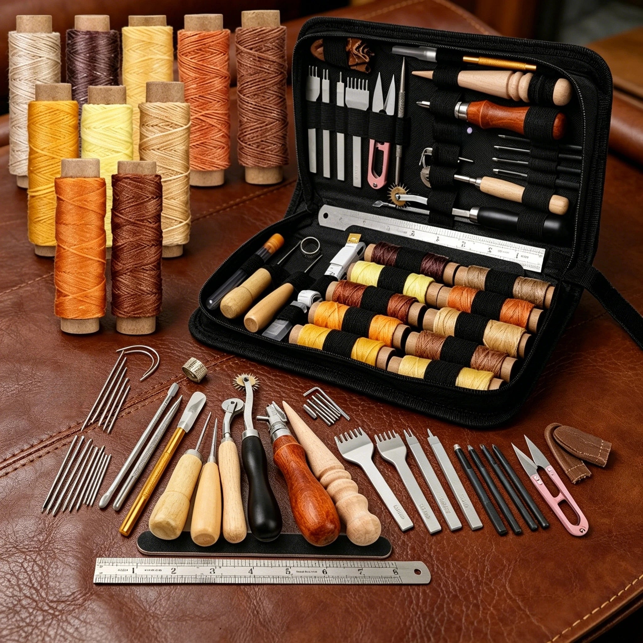 DIY leather sewing set, leather craft tool combination, sewing needle set, leather grooving device, wax thread Zpaxo