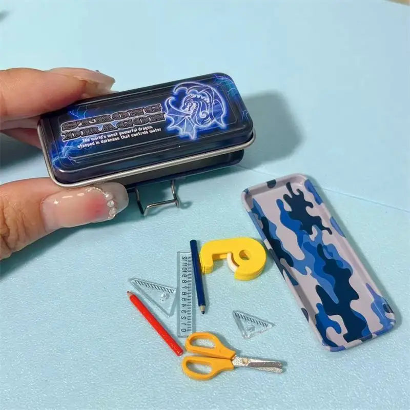 ▶Dollhouse Miniature Double Layer Iron Pencil Box Pen Ruler Measuring Tape Scissors Model Micro Landscape Decor Pretend Play Toy Zpaxo A5