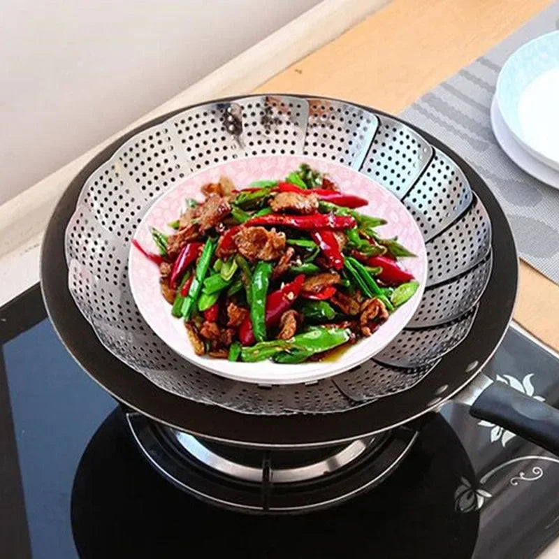 Silver Stainless Steel Retractable Folding Steamer Plate Multifunctional Food Steamer Vegetable Fruit Basket Zpaxo
