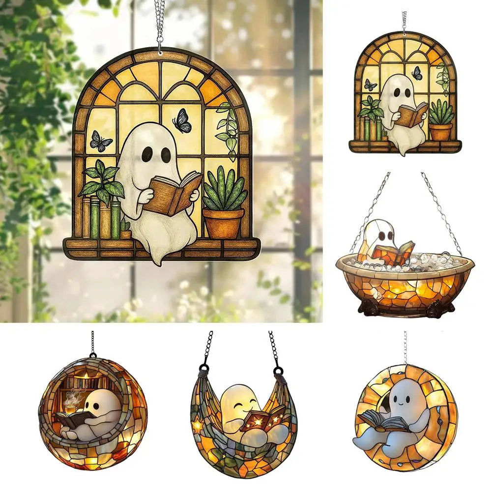 Ghost Reading Book Acrylic Suncatcher Window Ornament | Spooky Window Suncatcher Zpaxo