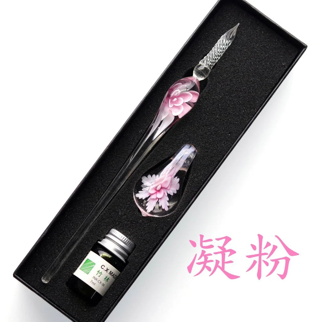 Embedded Flower Glass Dip Pen Set – Elegant Gift Box
