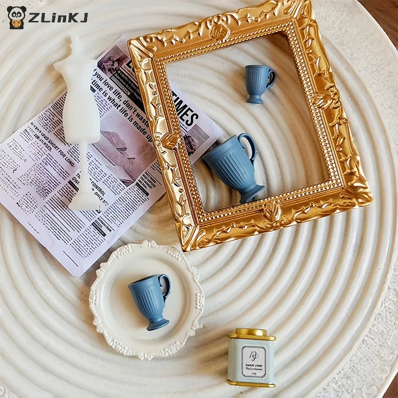 ▶1Pcs Dollhouse French Retro Mini High Foot Relief Mark Coffee Cup With Handle Miniature Scene Decoration High End Stemmed Mugs Zpaxo
