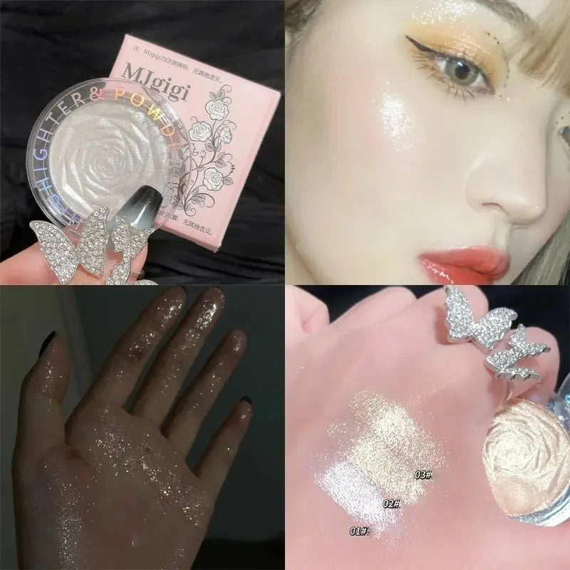 3D Rose Diamond Highlighter Powder Palette Glitter Brighten Makeup