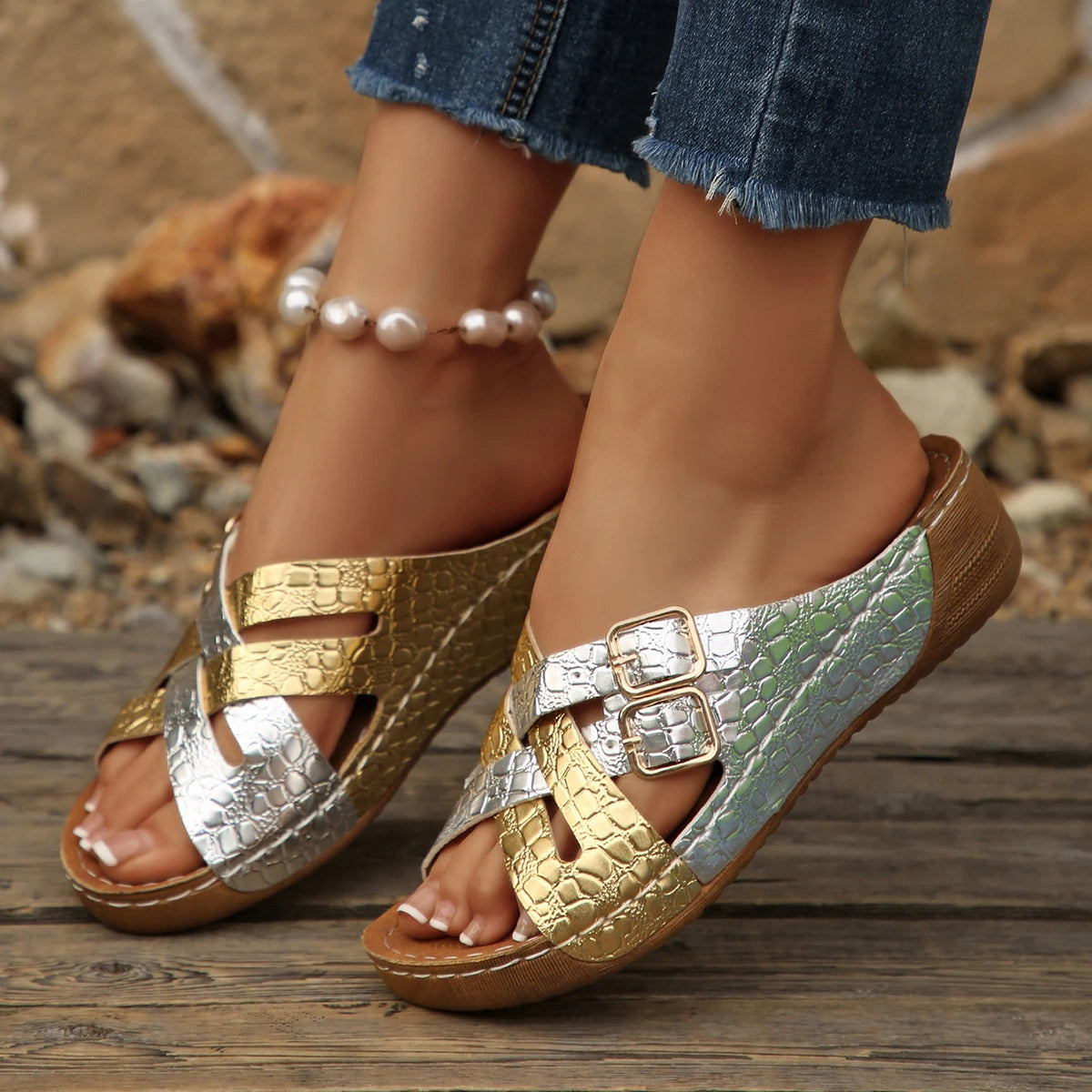 Women Wedge Slippers 2026 Open Toe Vintage National Shoes Comfortable Zpaxo Gold 41