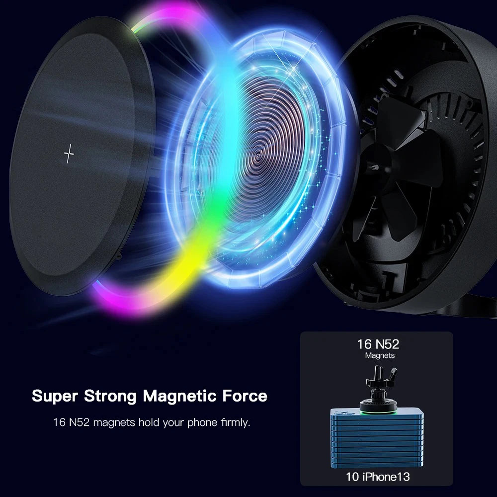 15W Fast Charging Magnetic Wireless Car Charger RGB LED Atmosphere Light Universal Air Vent Car Navigation Phone Holder Zpaxo
