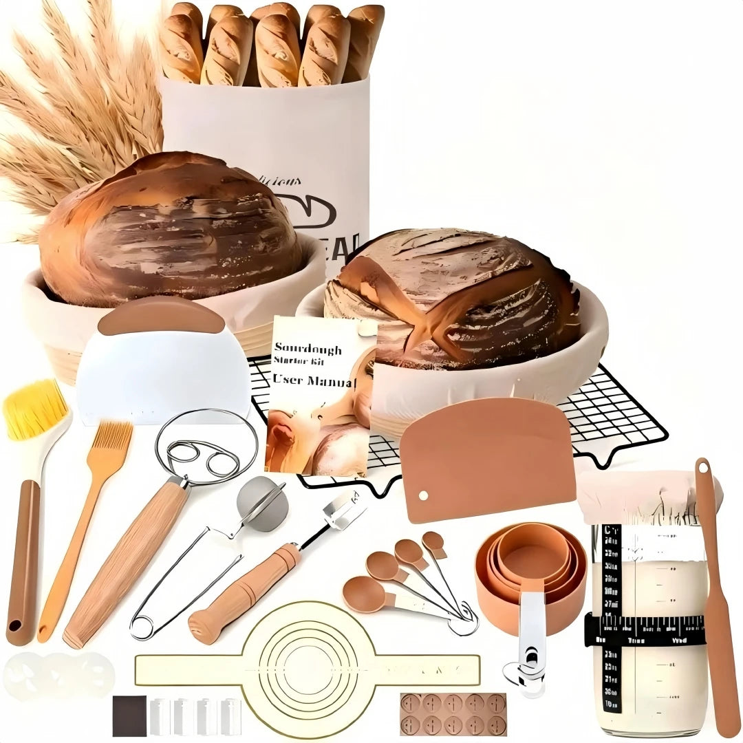 Complete Sourdough Starter Kit 2Pcs Round Banneton Baskets Dough Scoring Lame Silicone Baking Mat Measuring Spoons Bread Baking Zpaxo