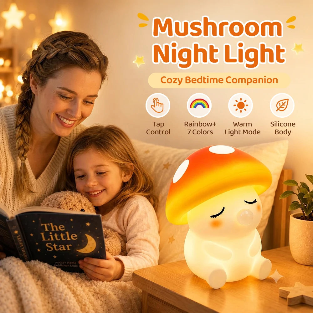 Squishy Mushroom Night Light With RGB Color 2 Brightness Adjustable Nursery Nightlight Rechargeable Silicone Touch Bedside Lamp Zpaxo