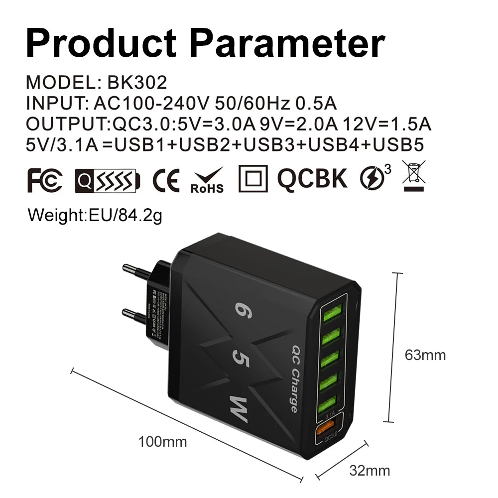 65W 3.1A 6 Ports USB Fast Phone Charger Adapter US/KR/EU Plug Travel Wall Charger For iPhone Xiaomi Huawei QC 3.0 Quick Charger Zpaxo