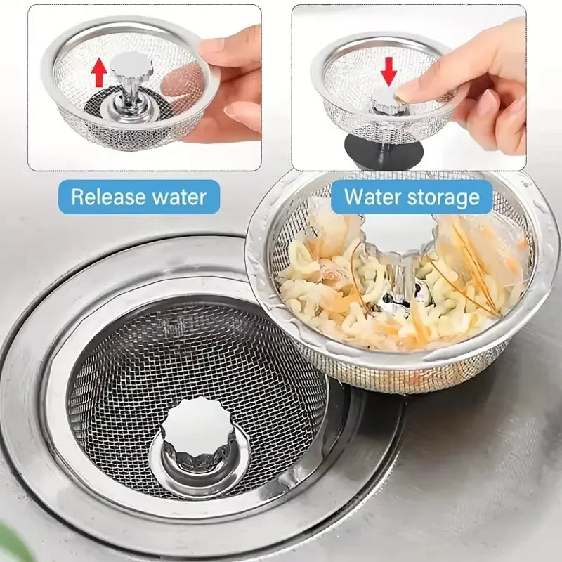 2Set Kitchen Sink Strainer With Handle & Stopper Replacement Drain Basket Stainless Steel Mesh Filter Waste Hole Zpaxo