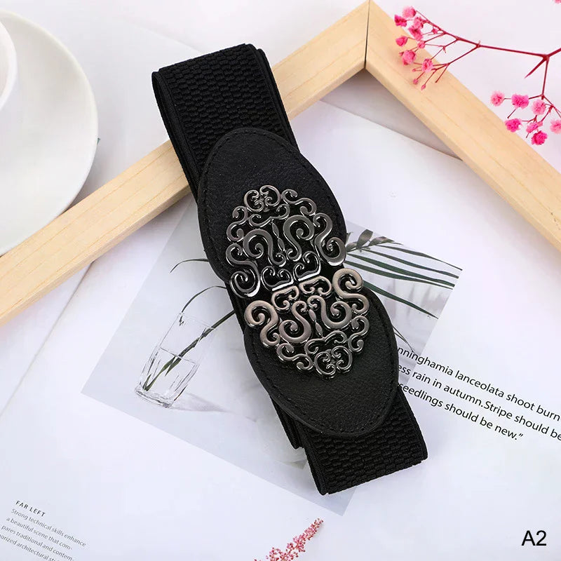 Korean Fashion Ladies Decorated Elastic Wide Belt Buckle Dress Zpaxo