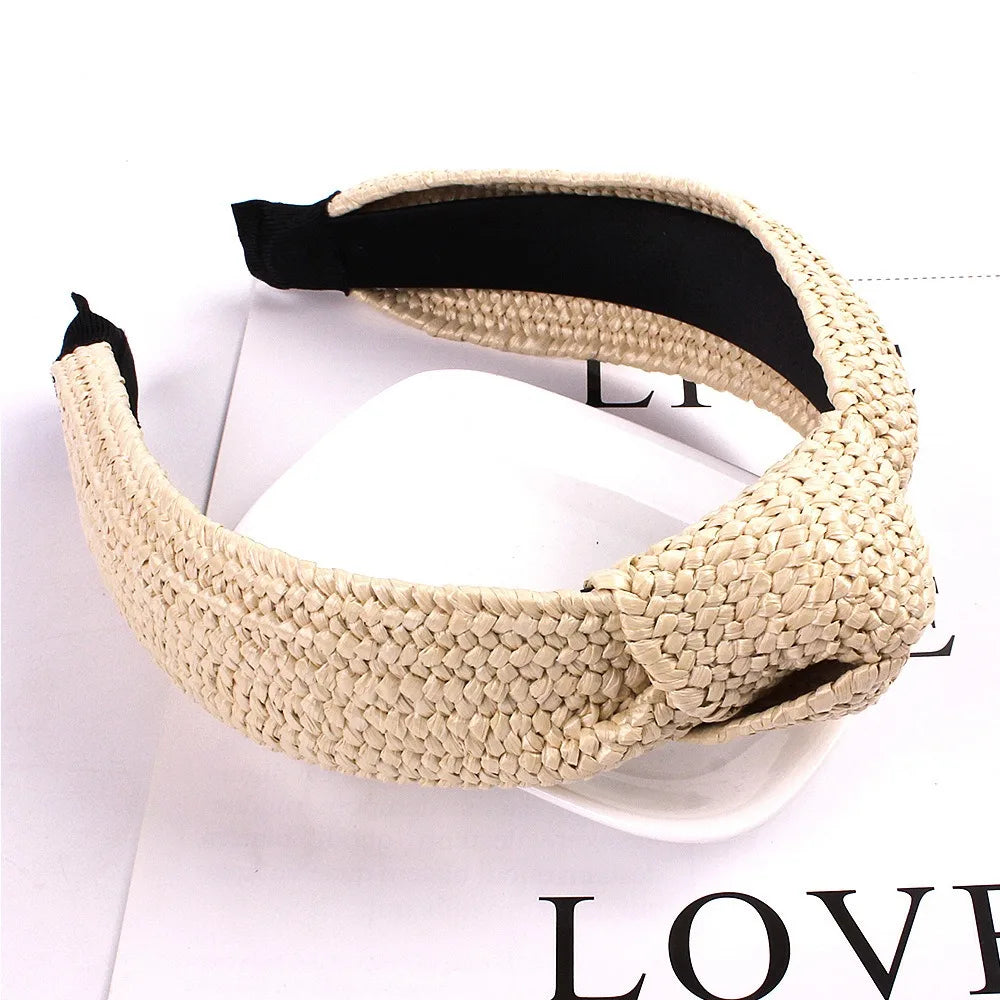 New Bohemian Straw Headbands Soft Lightweight Woven Hair Head Wide Headband for Woman Zpaxo Beige