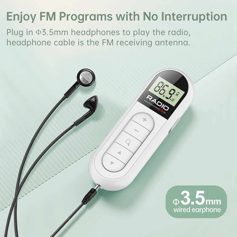 FM Radio Backlight LCD Display Mini Pocket Clip Headphones Personal