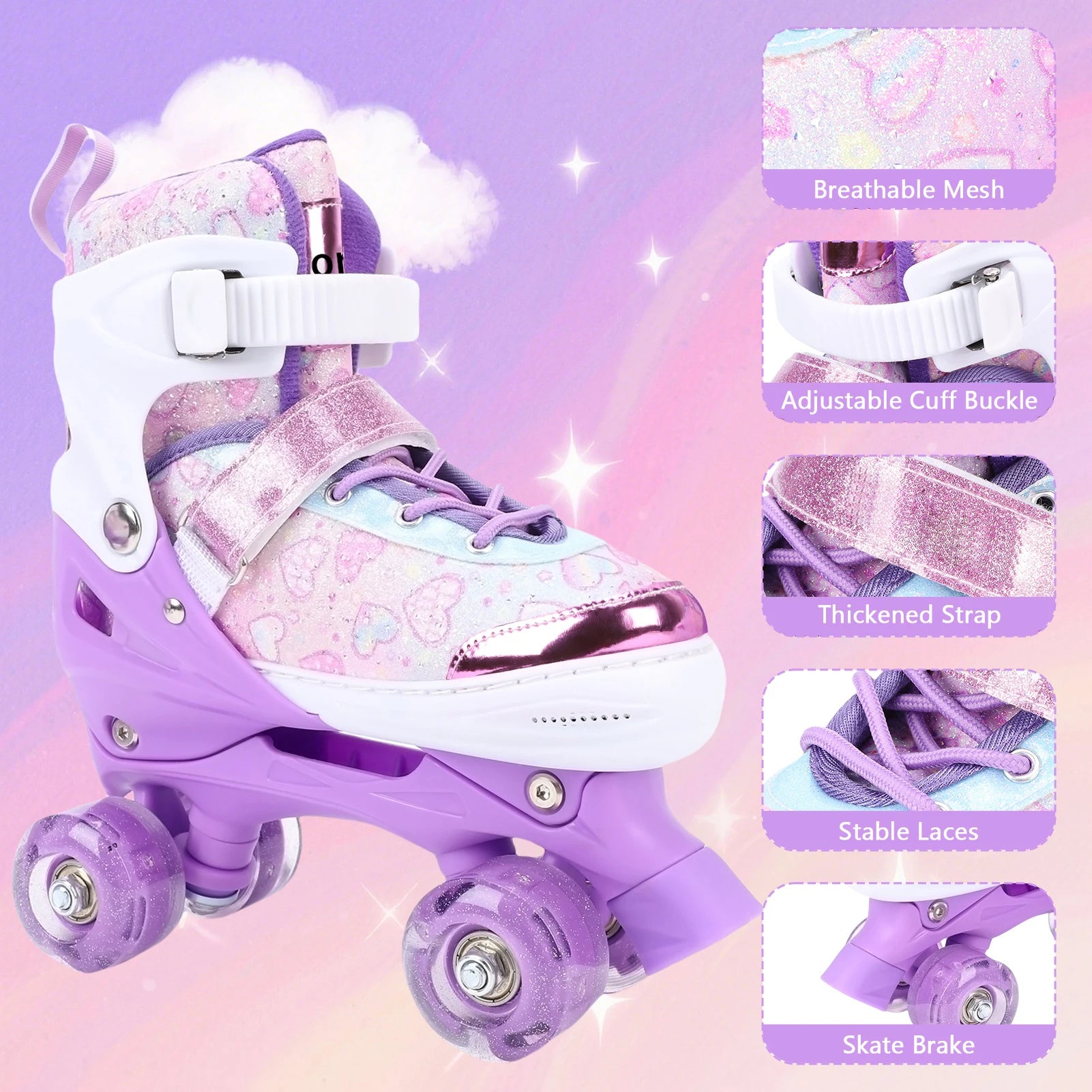 Roller Skates Girls Ages 6-12 4 Adjustable Flashing Wheel ABEC