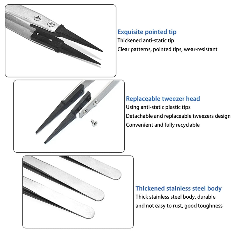 Durable Plastic-tipped Tweezers Antistatic Safety Interchangeable Zpaxo