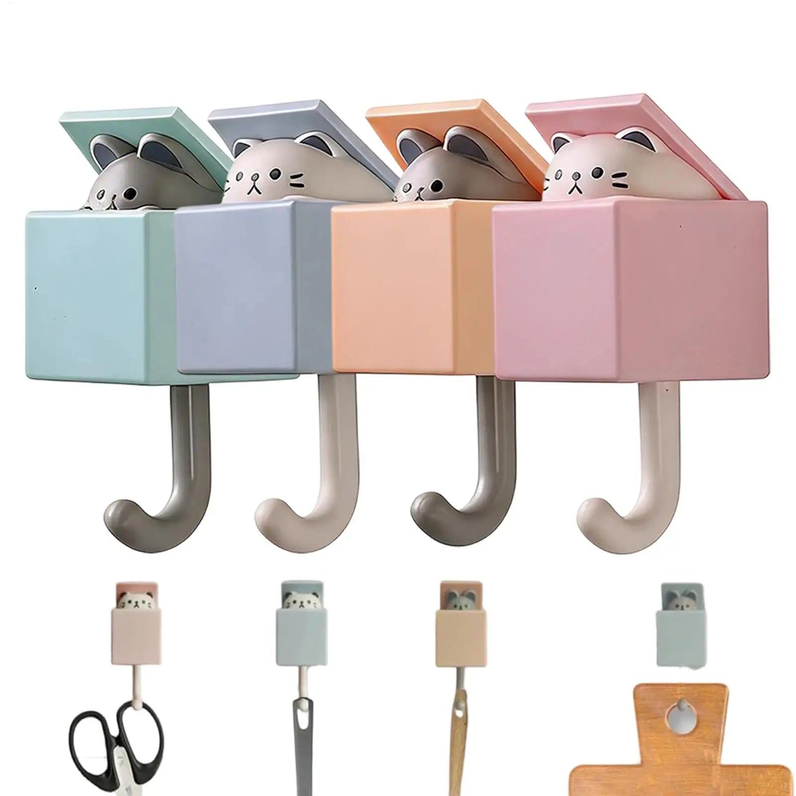 Adhesive Hooks 4 Cute Funny Cat Space Saving Hanger Towel Hook Key