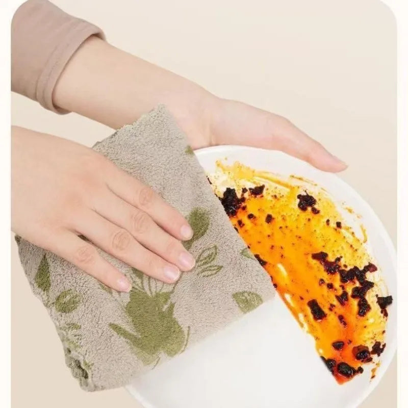 Coral Kitchen Dish Cloths Soft Thick Reusable Green Rose Pattern