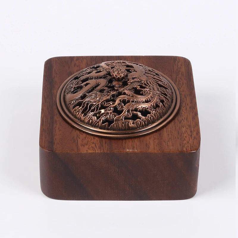Walnut Wood Incense Burner Dragon Phoenix Hollow Lid Square Sandalwood Censer Incense Holder Home Room Teahouse Decor Zpaxo