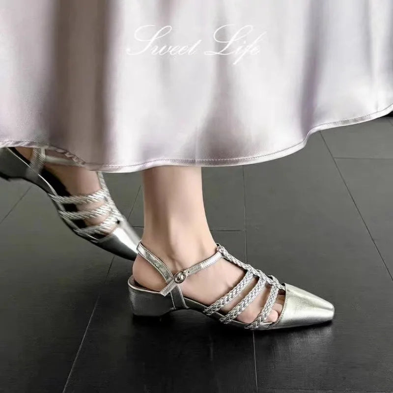 Women's Summer Square Toe Closed Hollow Out Comfortable Sandals Women Zpaxo Silver 38