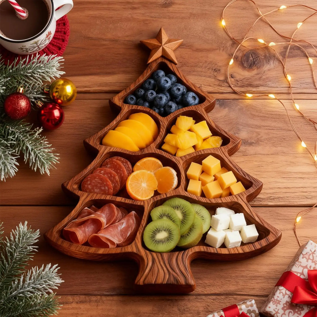 Christmas Tree Charcuterie Board Wooden Divided Food Tray Cheese
