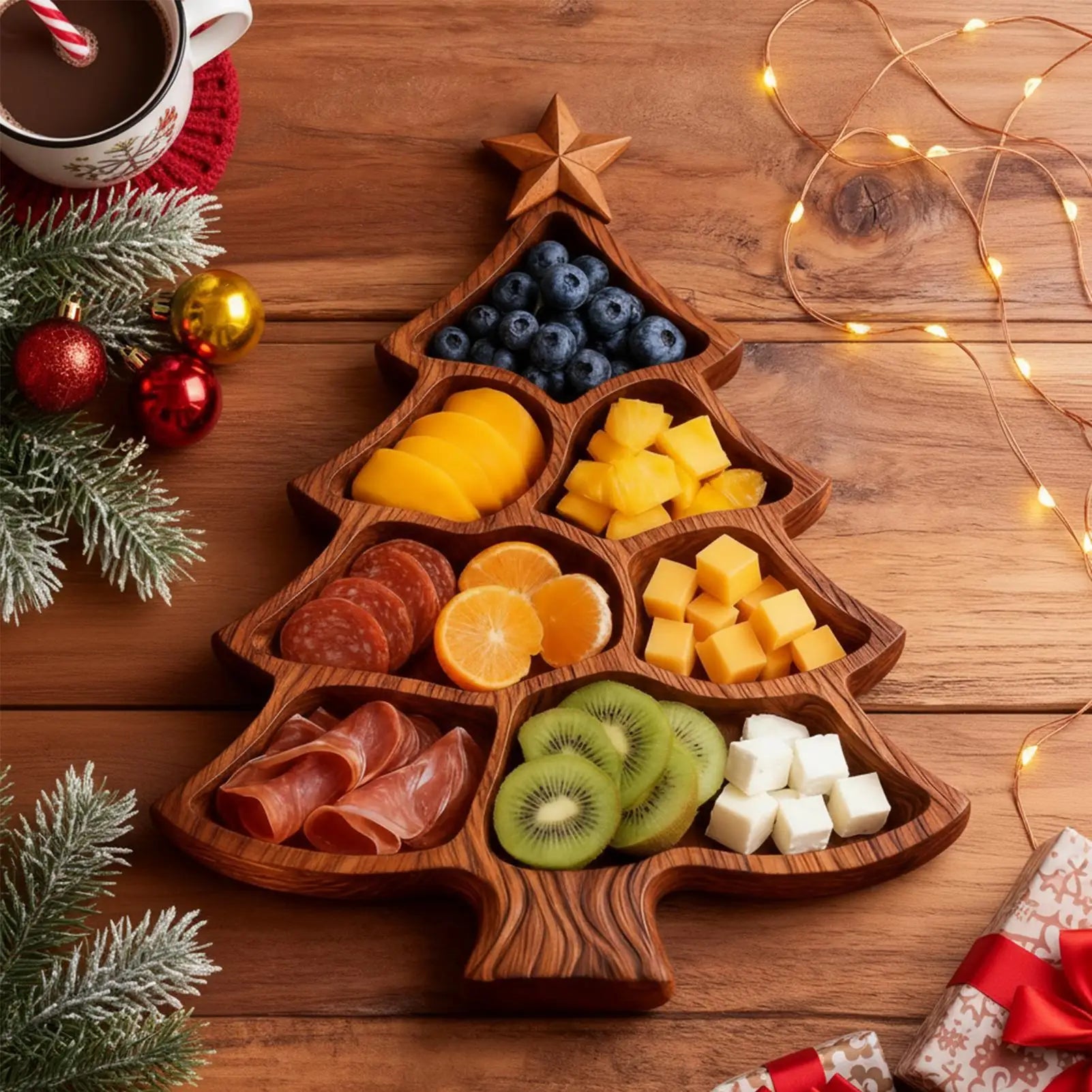 Christmas Tree Charcuterie Board Wooden Divided Food Tray Cheese