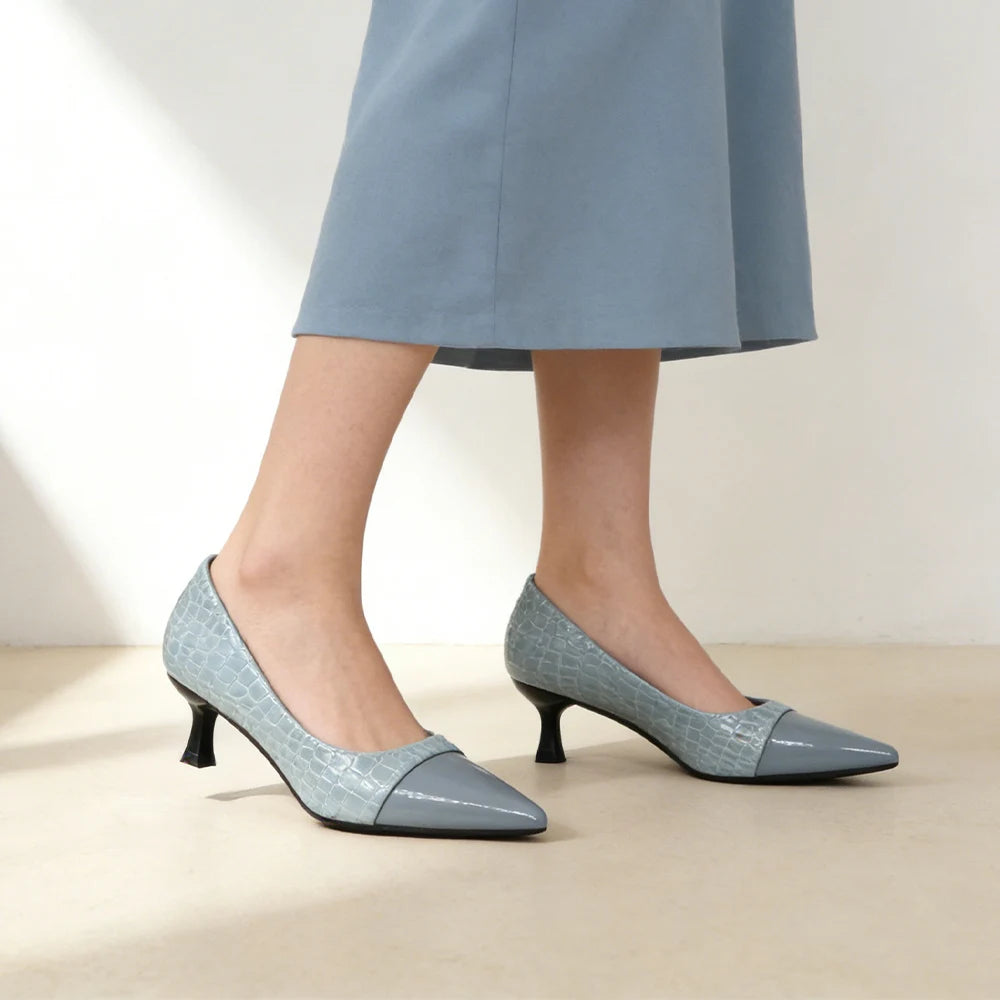 Sky Blue Pointed Toe Block Heel Pumps | Faux Leather Slip-On