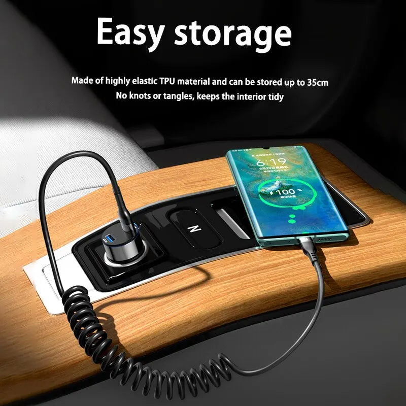 USB C 66W Car 5A Fast Charger Cable Spring Telescopic Phone Charging Zpaxo